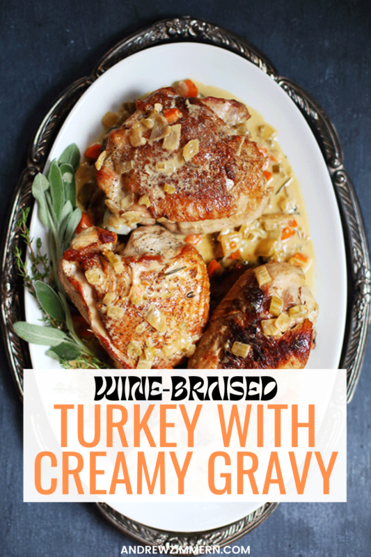 Wine-braised turkey with creamy gravy