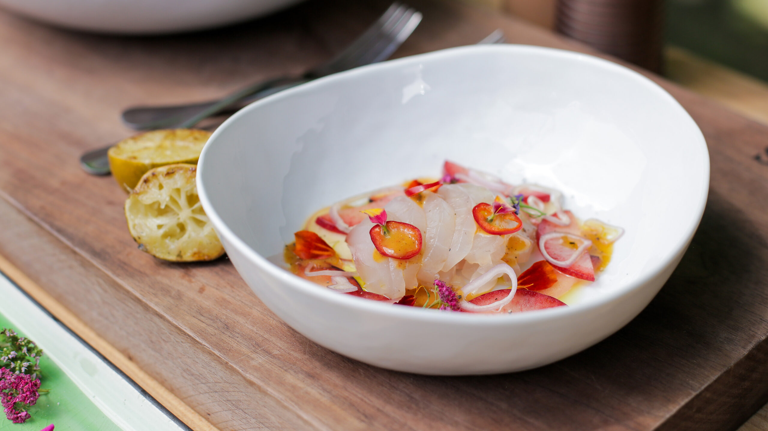 Bass Crudo with Stone Fruit & Lime - Andrew Zimmern