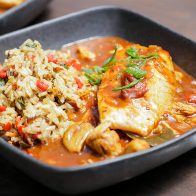 Andrew Zimmern Recipe Creole Halibut with Dirty Rice