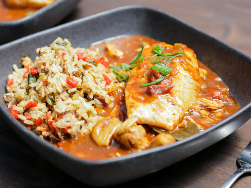 Andrew Zimmern Recipe Creole Halibut with Dirty Rice