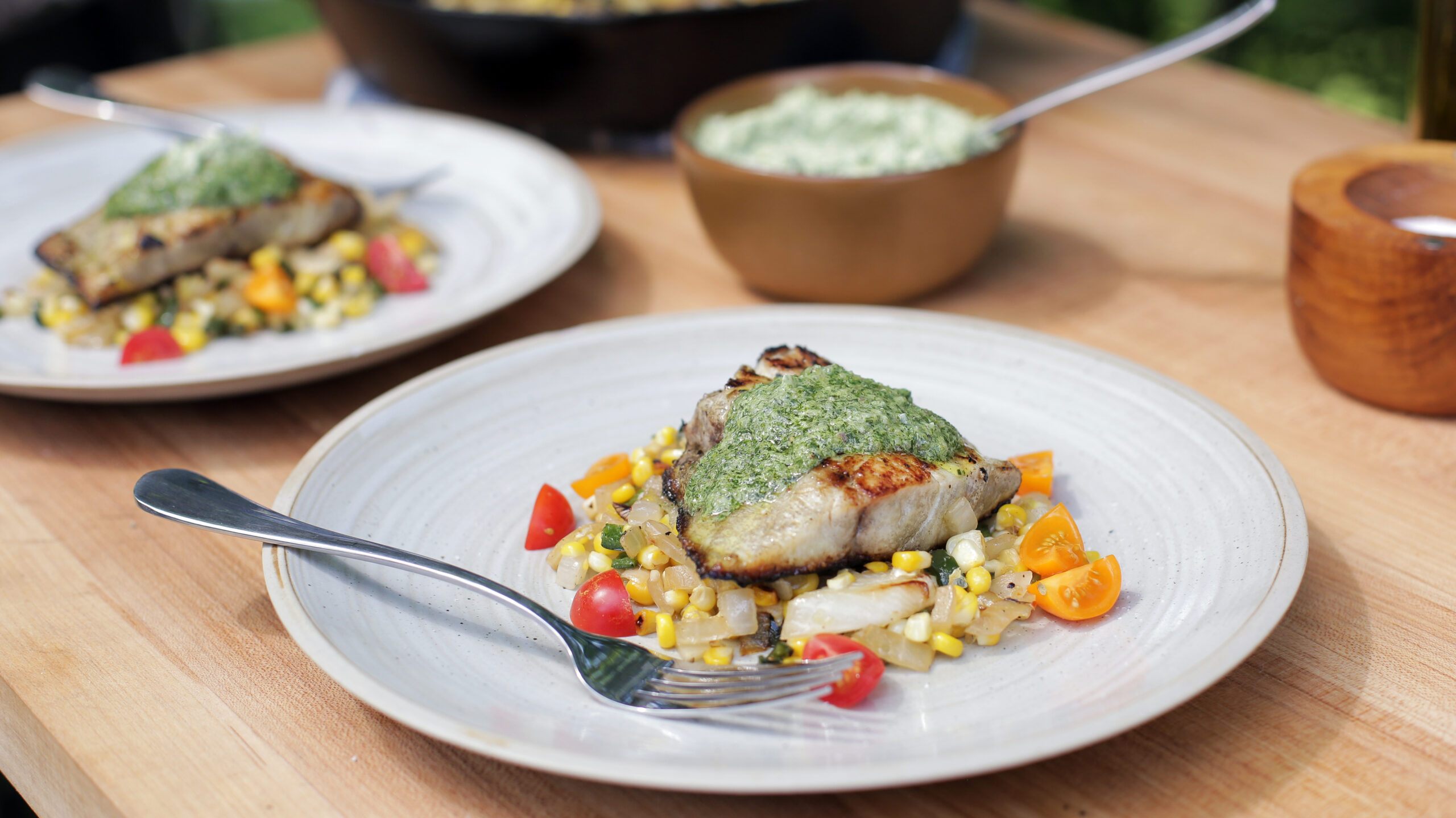 Grilled Striped Bass with Corn Succotash - Andrew Zimmern