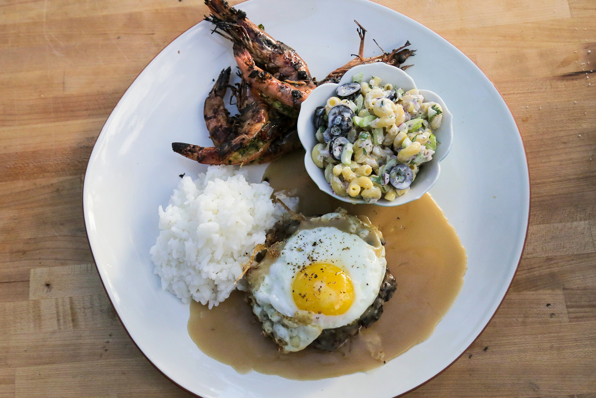 Hawaiian Plate Lunch with Grilled Shrimp, Venison Loco-Moco & Macaroni