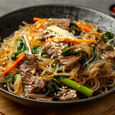 Korean japchae stir-fried glass noodles with beef, vegetables, and soy sauce