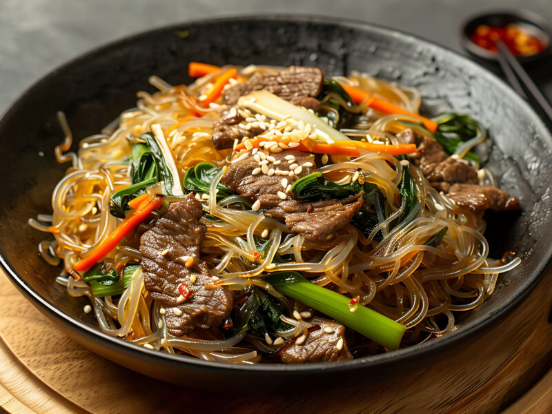 Korean japchae stir-fried glass noodles with beef, vegetables, and soy sauce