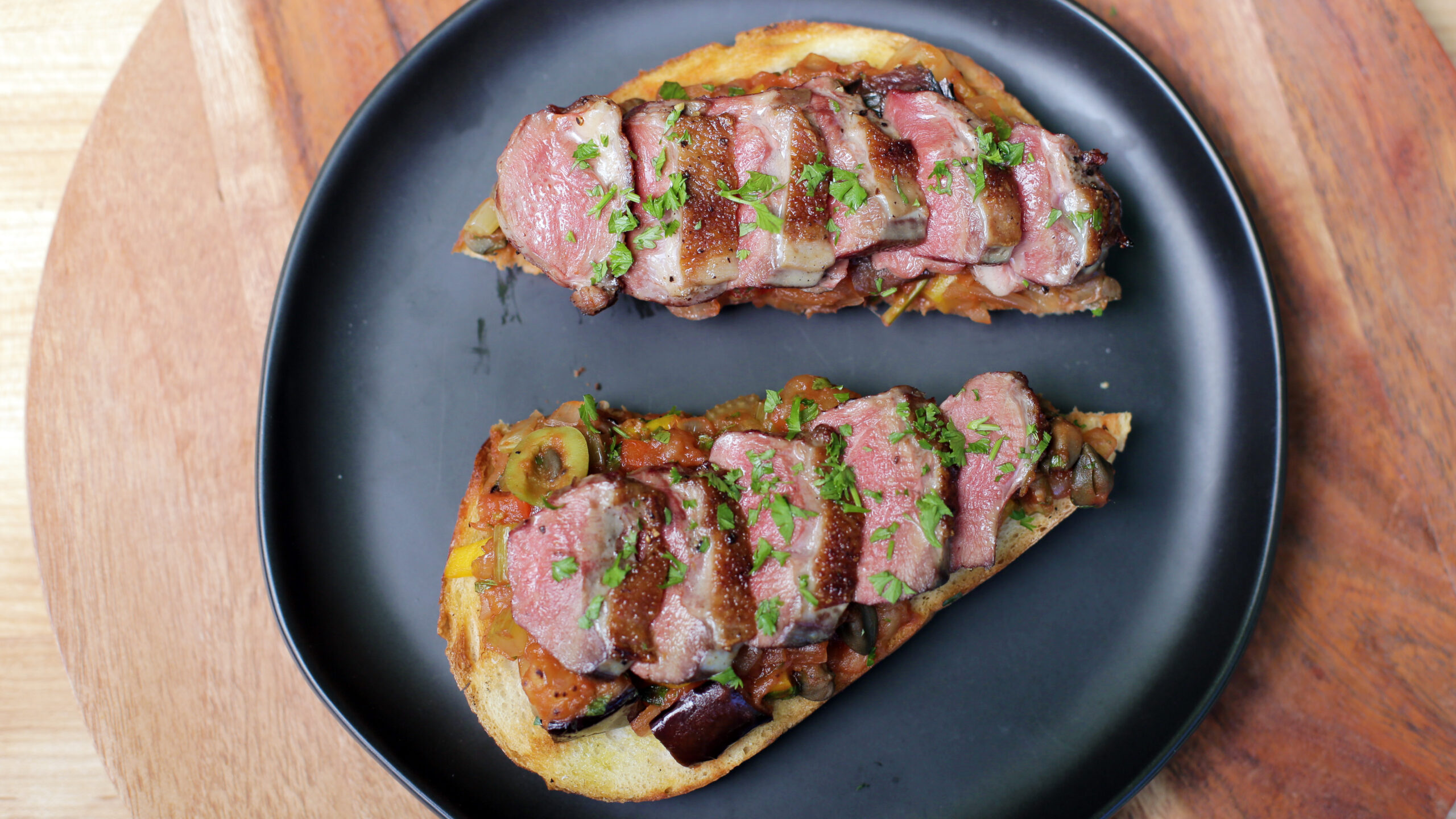Seared Pigeon Toast with Caponata - Andrew Zimmern