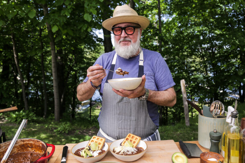 Andrew Zimmern with wild boar chili