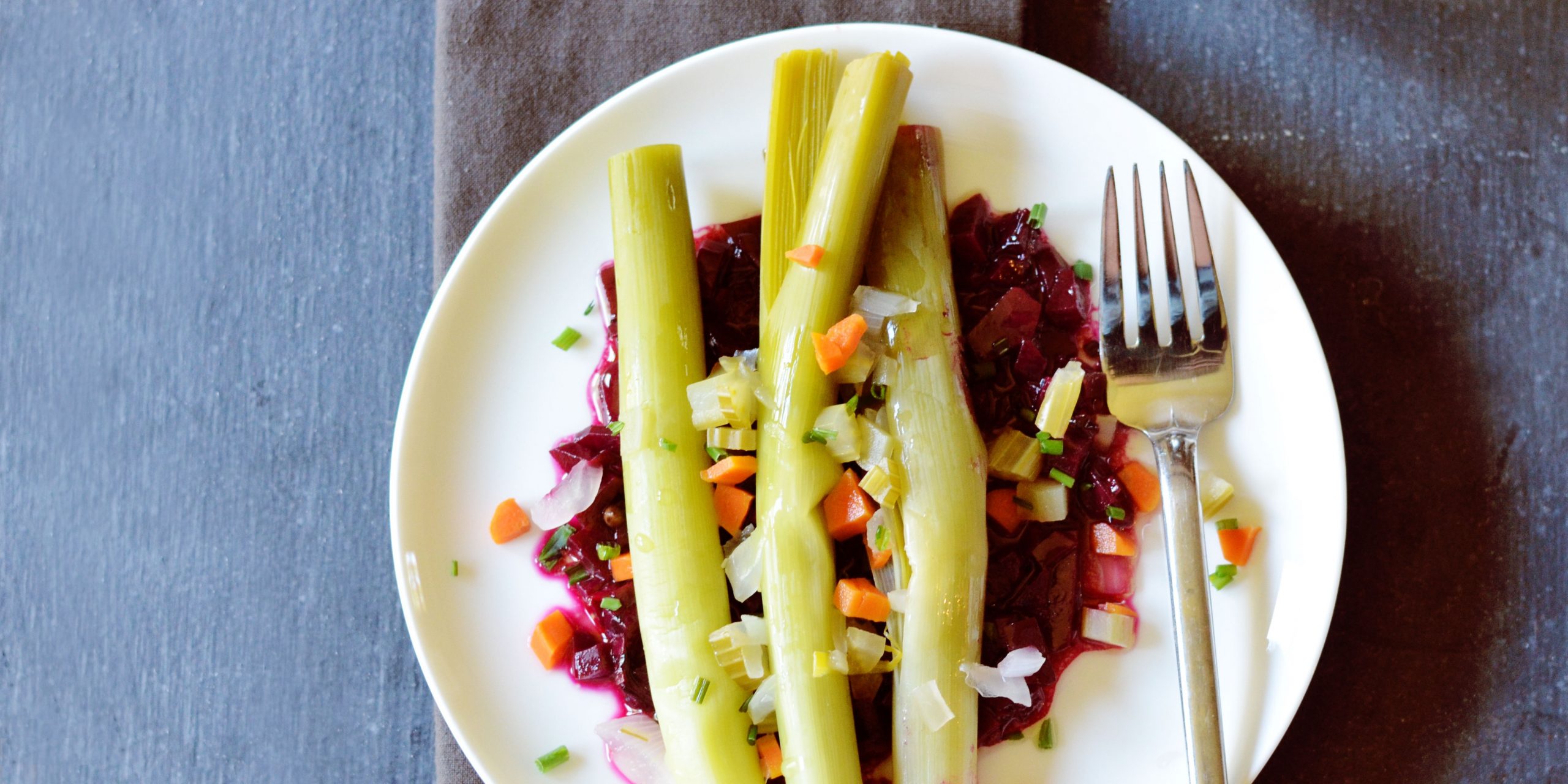 Leeks Vinaigrette with Beets Andrew Zimmern