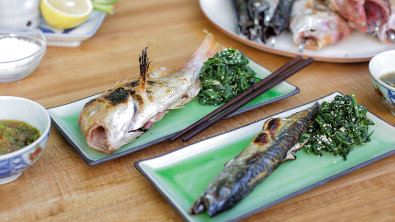 Andrew Zimmern's Salt Grilled Fish with Spinach