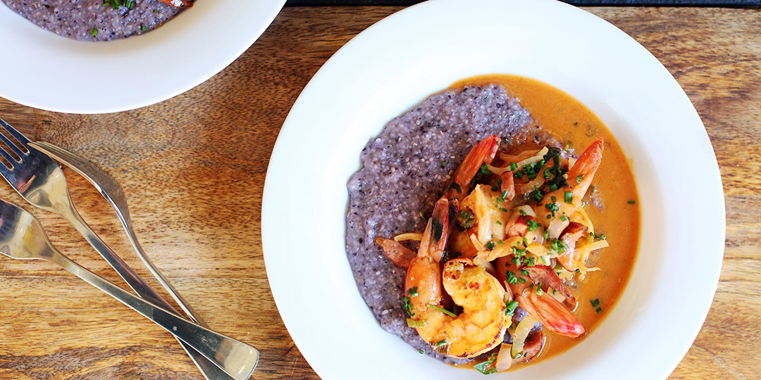 Shrimp & Blue Grits with Andouille Sausage Andrew Zimmern