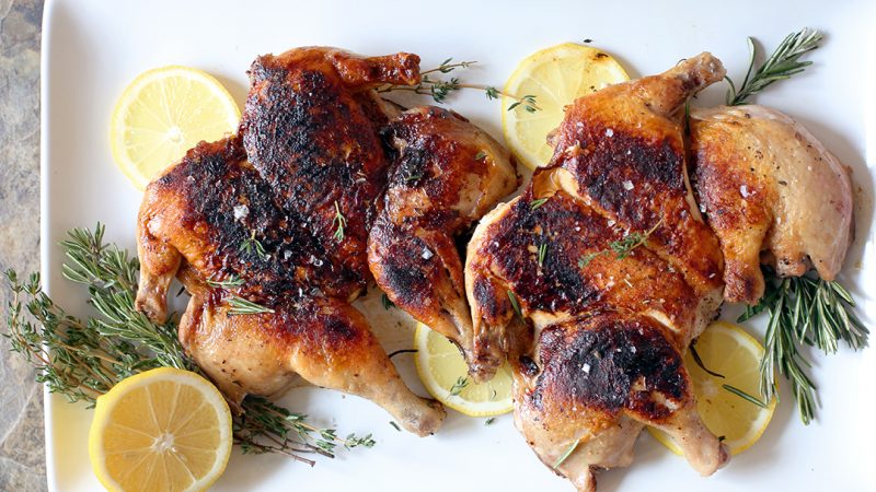 Cornish hens under a brick|Cornish hens under a brick