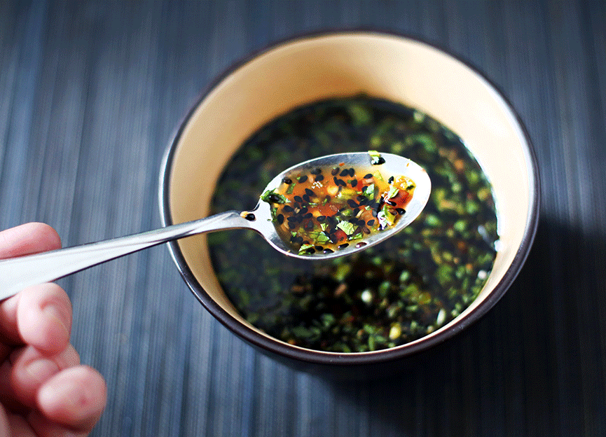Chili Dipping Sauce with Sesame Seeds, Lime & Mint - Andrew Zimmern