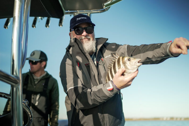 Andrew Zimmern fishes for Sheepshead on Field to Fire.