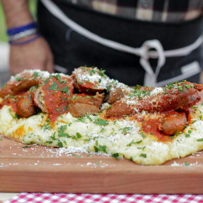 Andrew Zimmern Recipe Nilgai Sunday Sauce with braciole, sausage and polenta.