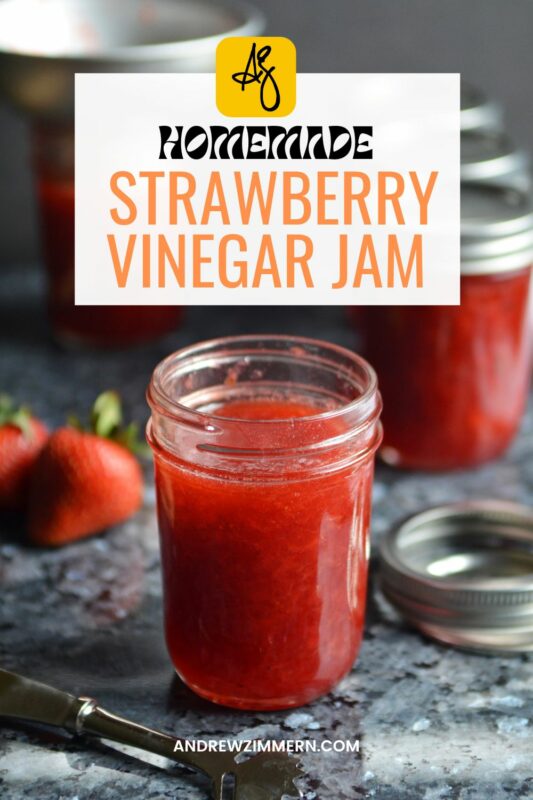 I love making strawberry jam. There is nothing—nothing—like the taste of overripe summer berries. They need to be red all the way through—the type of juicy berry that inspires you to keep napkins around for your elbows and cheeks. I started putting vinegar in my strawberry jam a while ago because I like the tartness. If you want to omit the vinegar, go right ahead; just knock the sugar down a notch. Sometimes I make this recipe with a cup of slivered basil leaves as well.