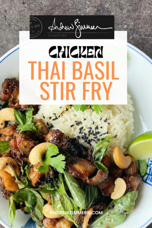 Thai basil makes this easy weeknight chicken stir fry sing. Garnish with cashews, black sesame and cilantro for a perfect, craveable meal.