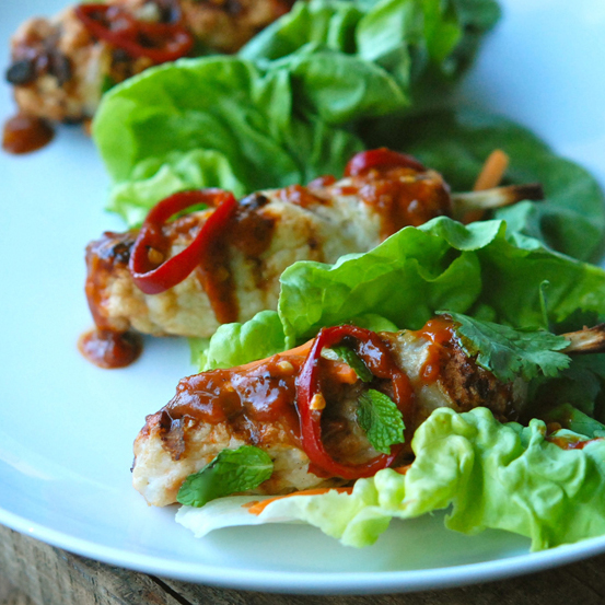 Chicken-and-Shrimp Skewers with Peanut Sauce