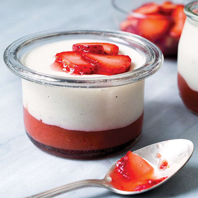 Greek Yogurt Panna Cotta with Strawberry-Rhubarb Sauce