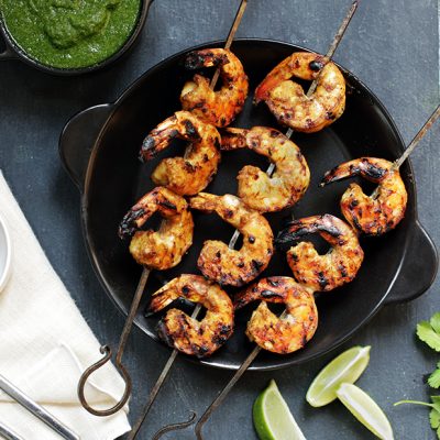 Grilled coconut shrimp with cilantro chutney|Grilled shrimp skewers