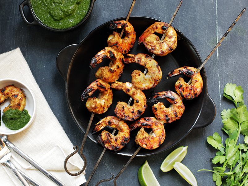 Grilled coconut shrimp with cilantro chutney|Grilled shrimp skewers