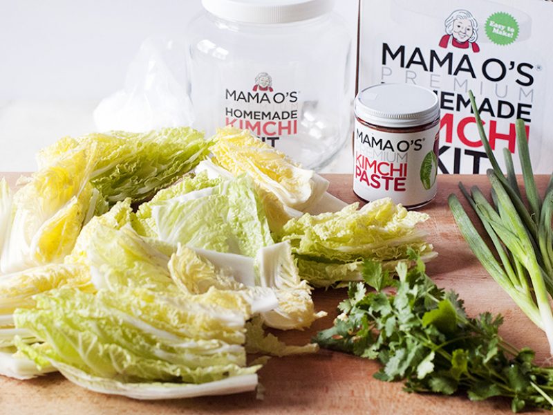 Mama O's Kimchi|Napa cabbage cut into quarters|Sea salt and water brine.|Cabbage in salt and water brine.|Making kimchi|Kimchi|Kimchi|