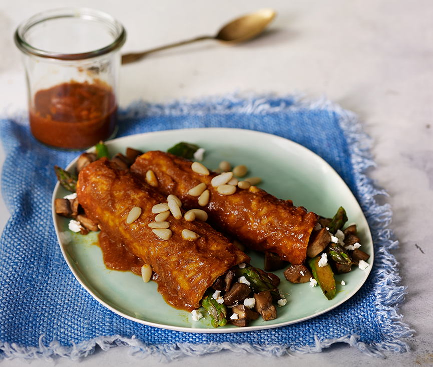 Asparagus, Mushroom & Goat Cheese Enchiladas with Pine Nut Mole Sauce