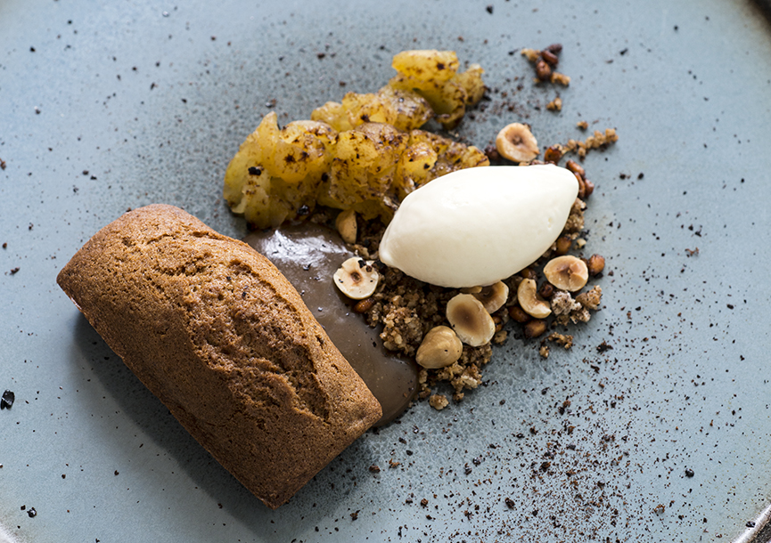 Apple Cake with Porter Fudge Caramel & Hazelnut Granola - Andrew Zimmern