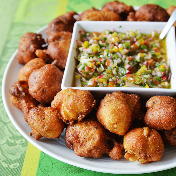 Oyster Hush Puppies with Pepper Mojo