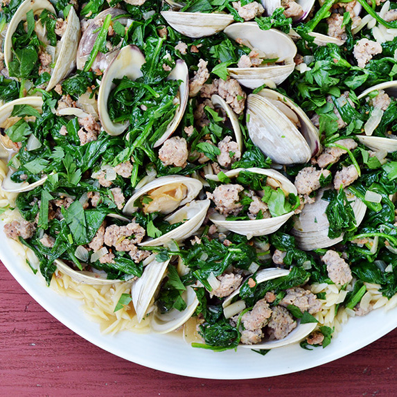 Ragout of Clams with Spinach, Sausage and Orzo