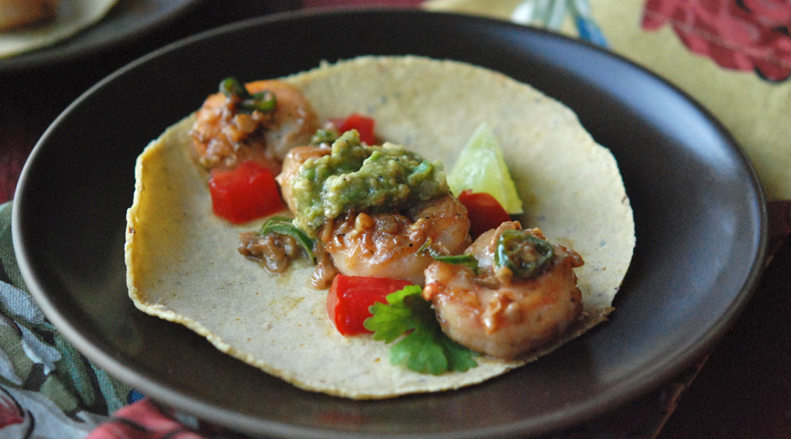 Shrimp with Green Chiles & Avocado-Tomatillo Sauce