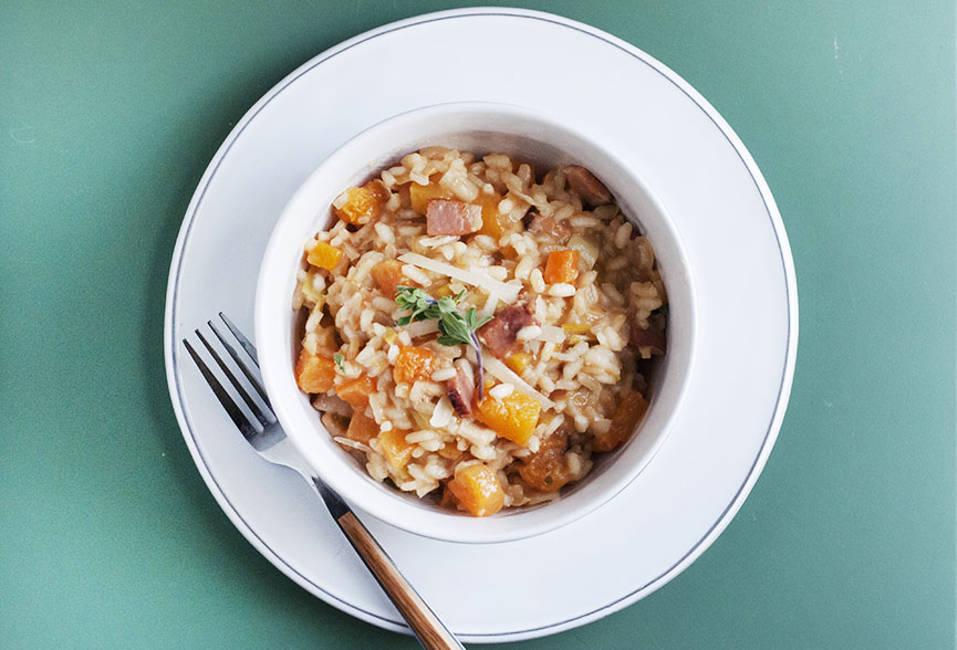 Squash Risotto with Bacon and Leeks