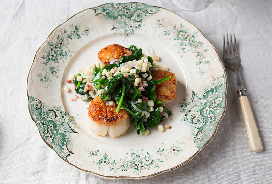 Seared Scallops With Corn Spinach Bacon Andrew Zimmern