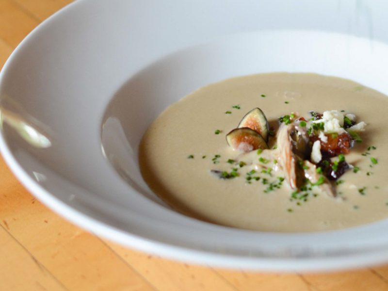 Mushroom Soup with Fall Fruit Compote||
