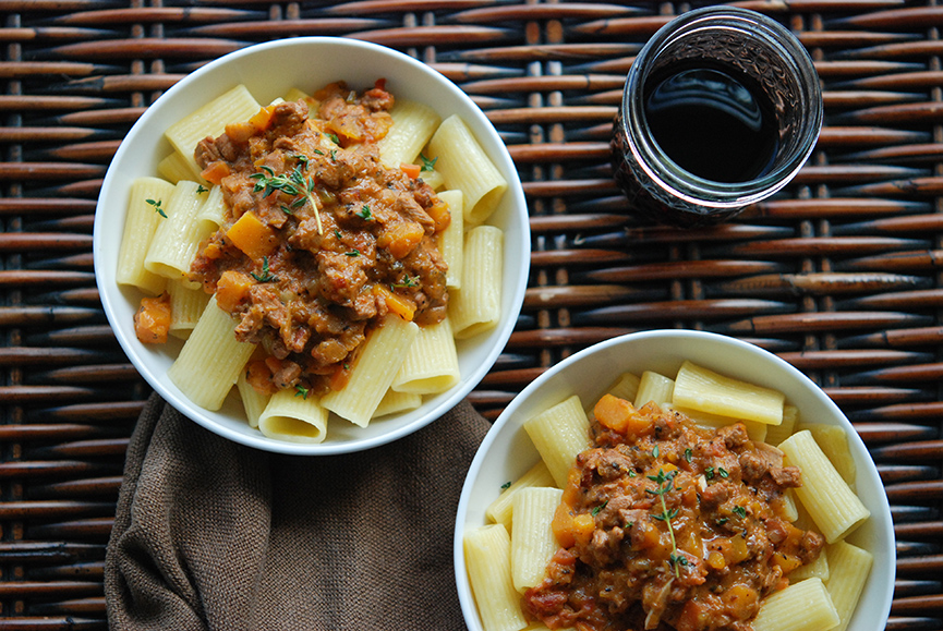 Rigatoni with Veal Bolognese & Butternut Squash Andrew Zimmern