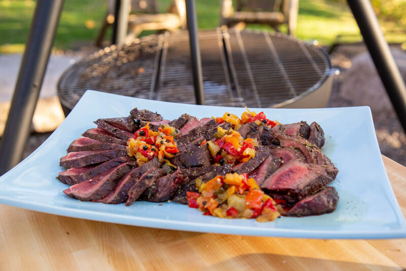 Pan-Seared Venison with Coal Roasted Sweet Potatoes and Pepper Relish Recipe