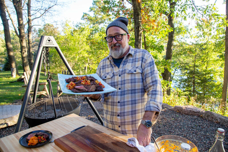 Pan-Seared Venison with Coal Roasted Sweet Potatoes and Pepper Relish Recipe