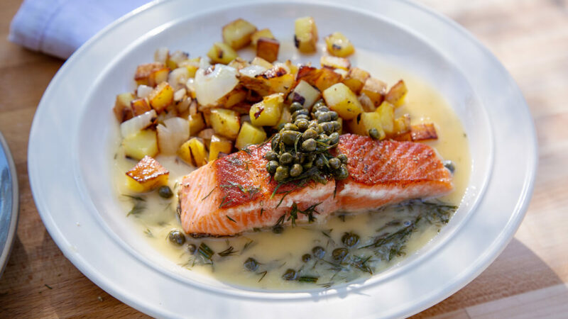 Seared Salmon with Lemon and Dill, with Skillet Fried Potatoes and Onions