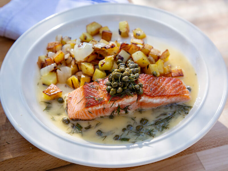 Seared Salmon with Lemon and Dill, with Skillet Fried Potatoes and Onions