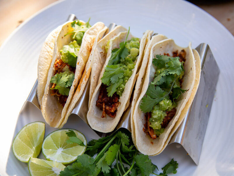 Red Chile Rabbit Tacos with Tomatillo Salsa Recipe