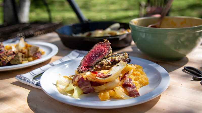 Grilled Elk Chops with Apples, Onions and Rutabaga Mash