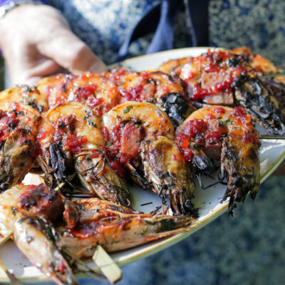 Andrew Zimmern recipe for grilled shrimp skewers on Wild Game Kitchen.