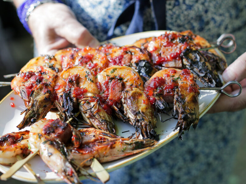 Andrew Zimmern recipe for grilled shrimp skewers on Wild Game Kitchen.
