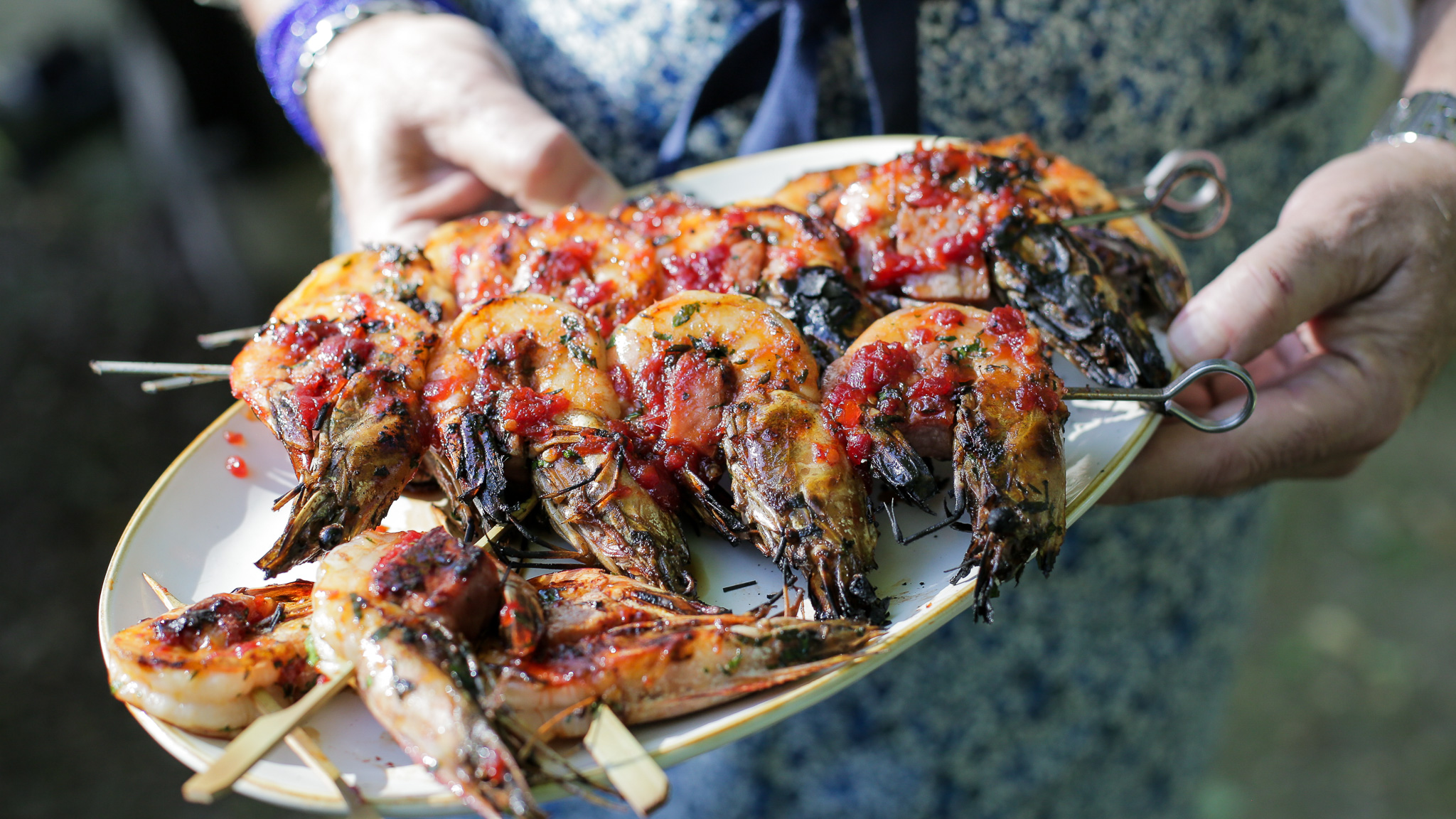 Shrimp Skewers with Country Ham and Pepper Jelly - Andrew Zimmern