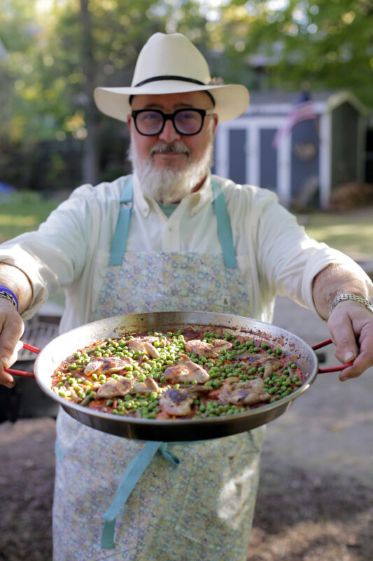 Andrew Zimmern cooks quail paella on Wild Game Kitchen.