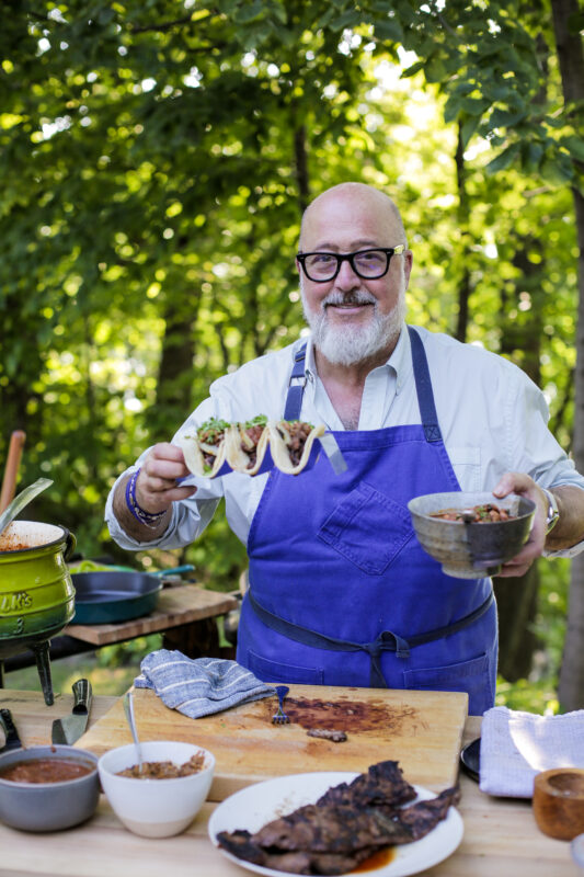 Andrew Zimmern on Wild Game Kitchen cooking Bison Skirt Steak Tacos