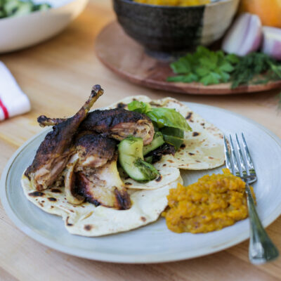 Andrew Zimmern Recipe Pheasant with Flatbread, Cucumber Salad and Amba