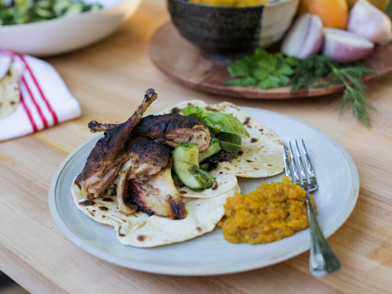 Andrew Zimmern Recipe Pheasant with Flatbread, Cucumber Salad and Amba