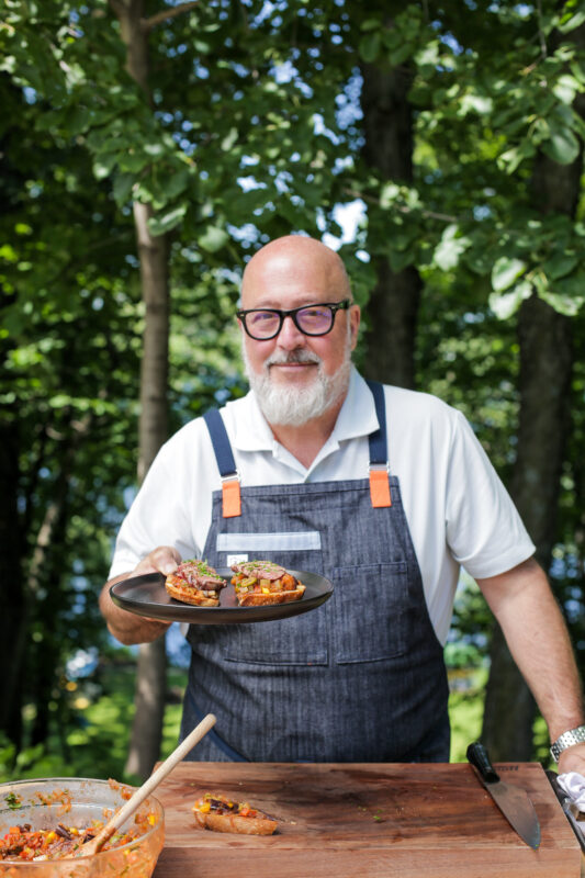 Andrew Zimmern cooks Pigeon Toast with Caponata on Wild Game Kitchen. 