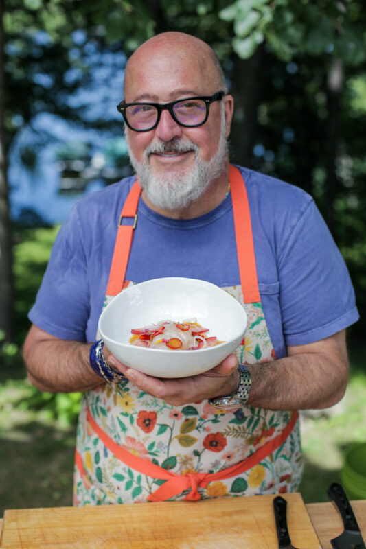 Andrew Zimmern makes striped bass crudo with stone fruit on Wild Game Kitchen. 