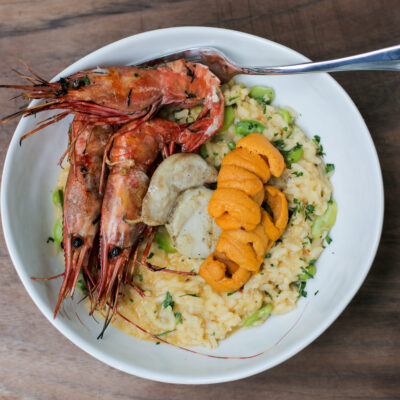 Andrew Zimmern Recipe for Risotto with Spot Prawns, Uni and Scallops, on Wild Game Kitchen.