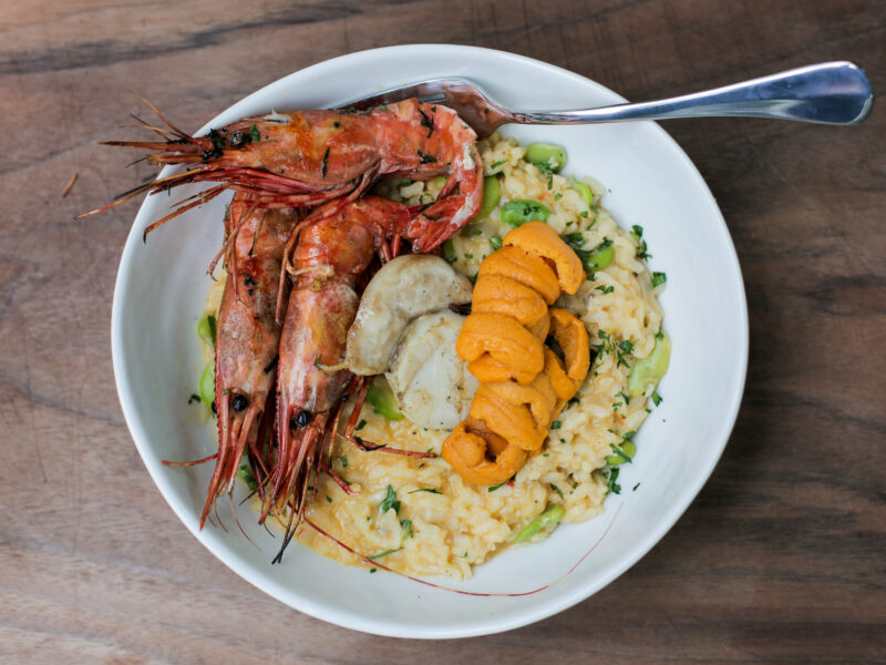 Andrew Zimmern Recipe for Risotto with Spot Prawns, Uni and Scallops, on Wild Game Kitchen.